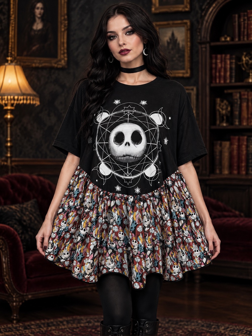 NIGHTMARE BEFORE CHRISTMAS Women’s Boho Ruffle bottom tunic OOAK